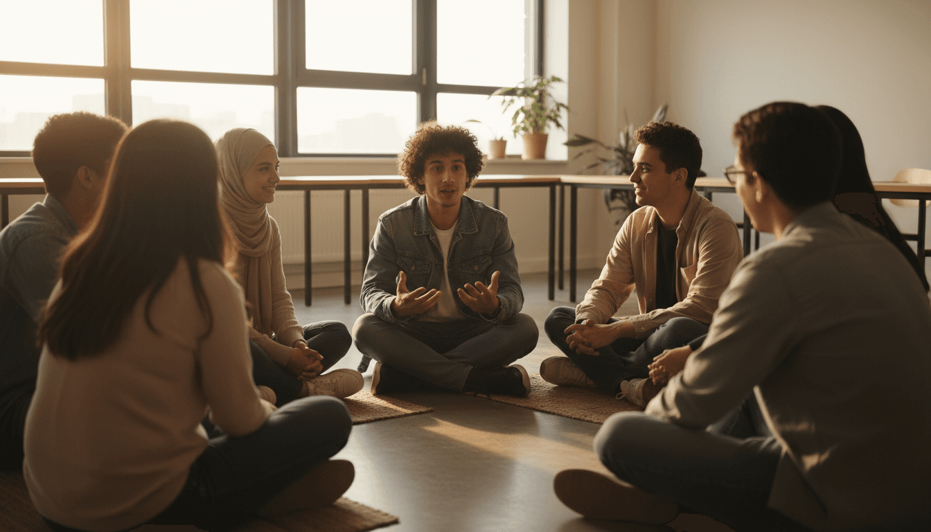 Weekly development sessions with youth in group discussion