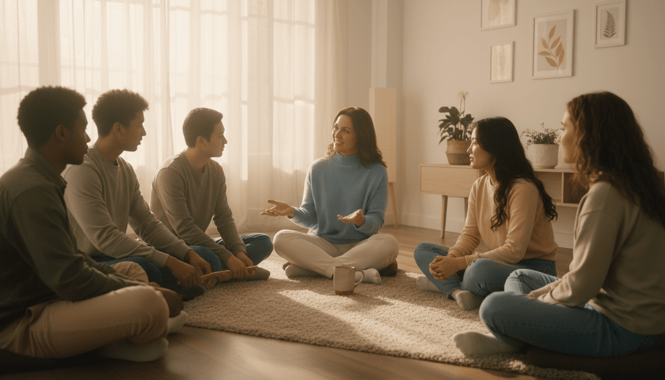 A warm, conversational photograph of a small group of young people sitting together in a circle or semi-circle with an adult mentor in the center, having a discussion or sharing circle.