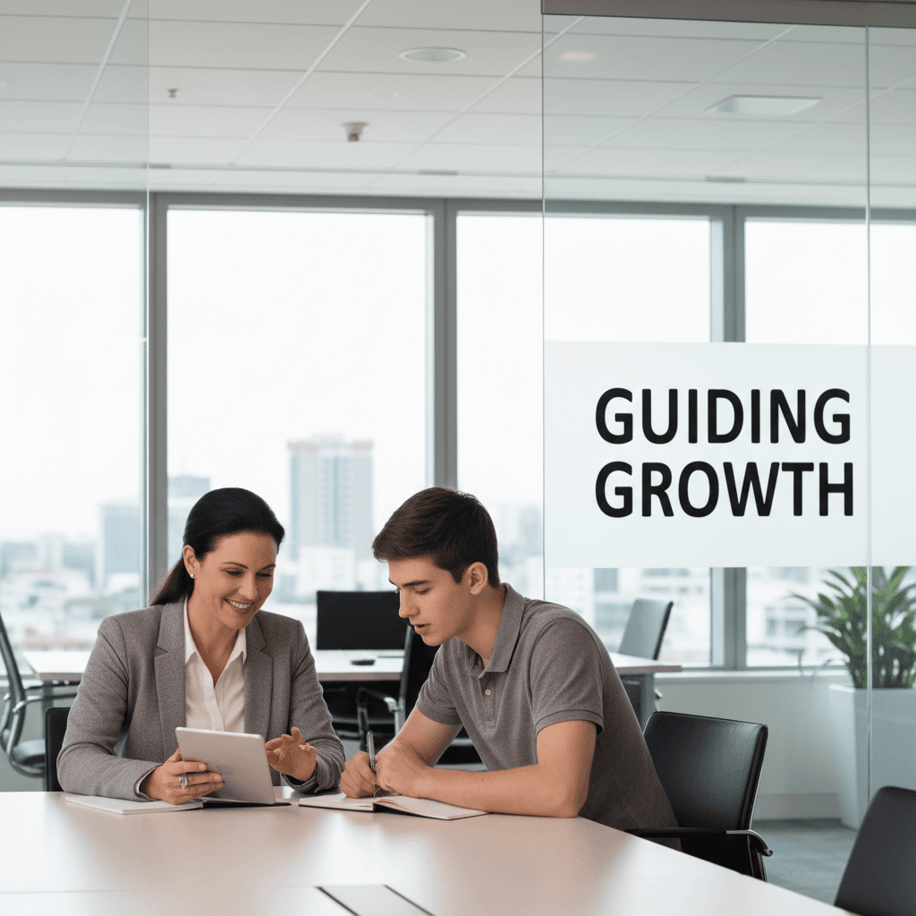 Mentor and youth in professional workplace setting