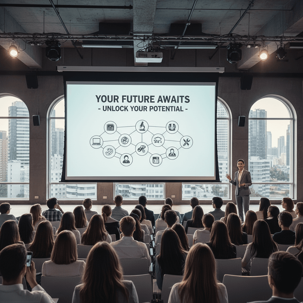 Professional speaker sharing career insights with attentive young audience