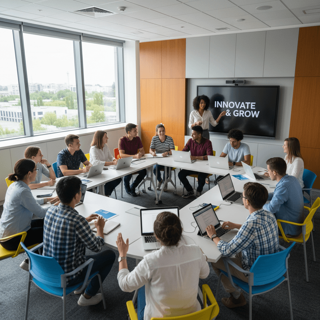 Volunteer leading development workshop with engaged participants