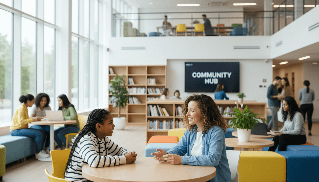 Mentor and youth engaged in meaningful mentorship conversation in community center