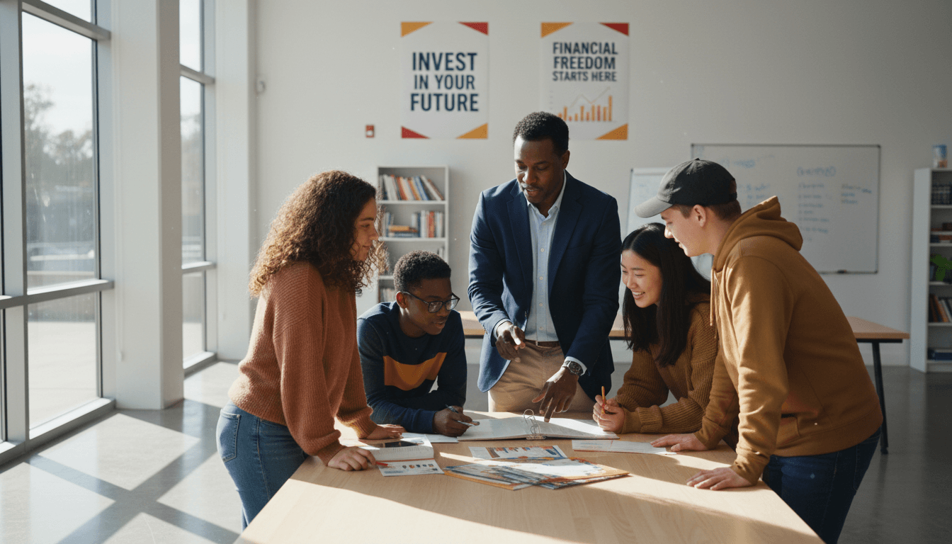 Mentor leading a financial literacy session with diverse youth in a community center