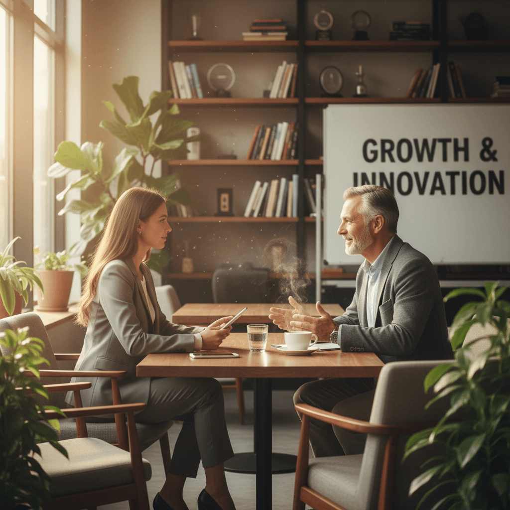 Mentor guiding young person in supportive one-on-one conversation