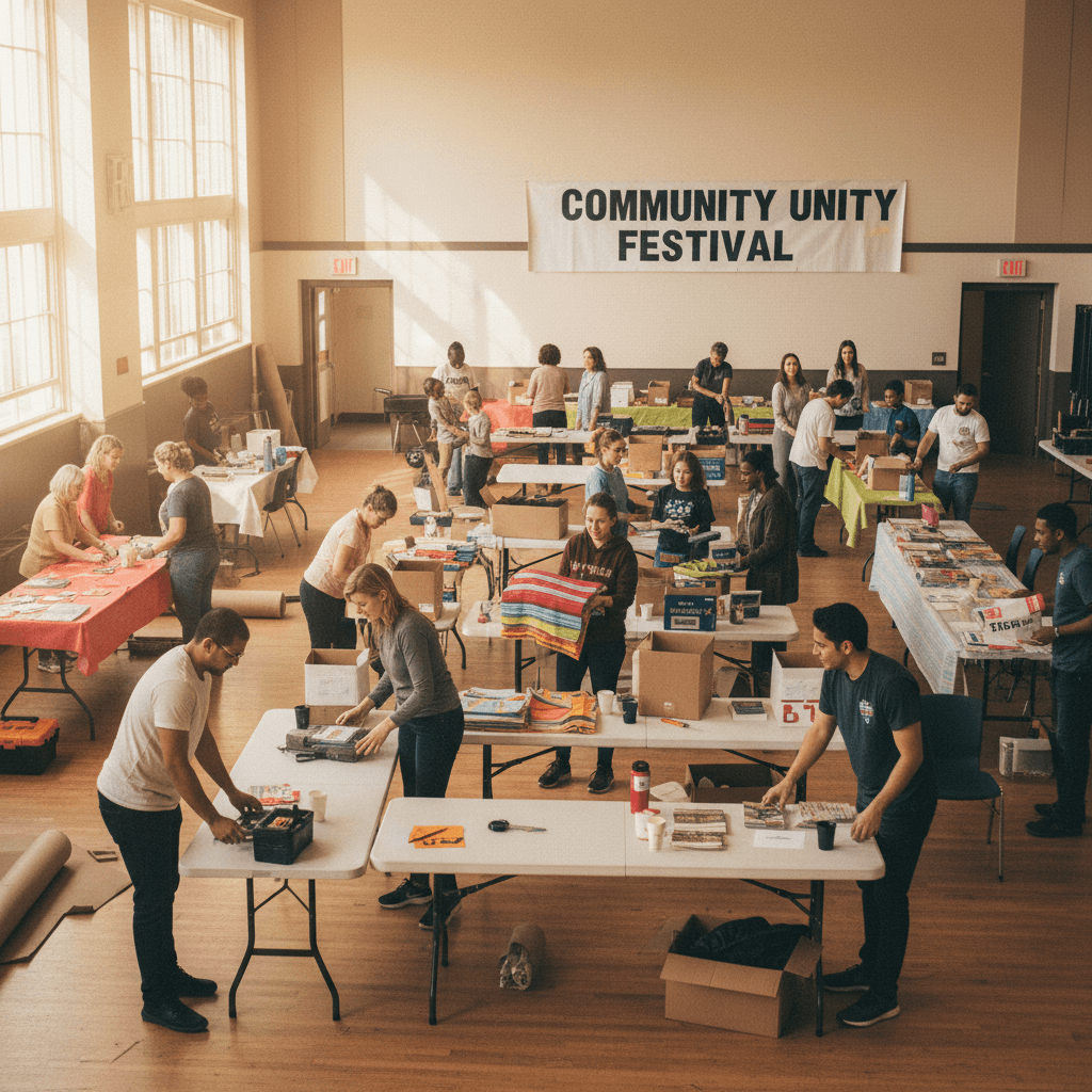 Multiple volunteers setting up for a community event