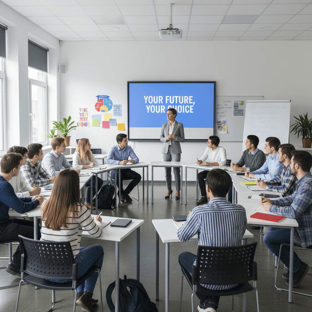 Guest speaker sharing career insights with engaged youth audience
