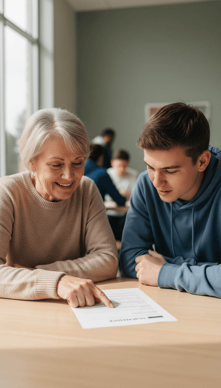 Mentor and teenager reviewing a resume together at a community center table