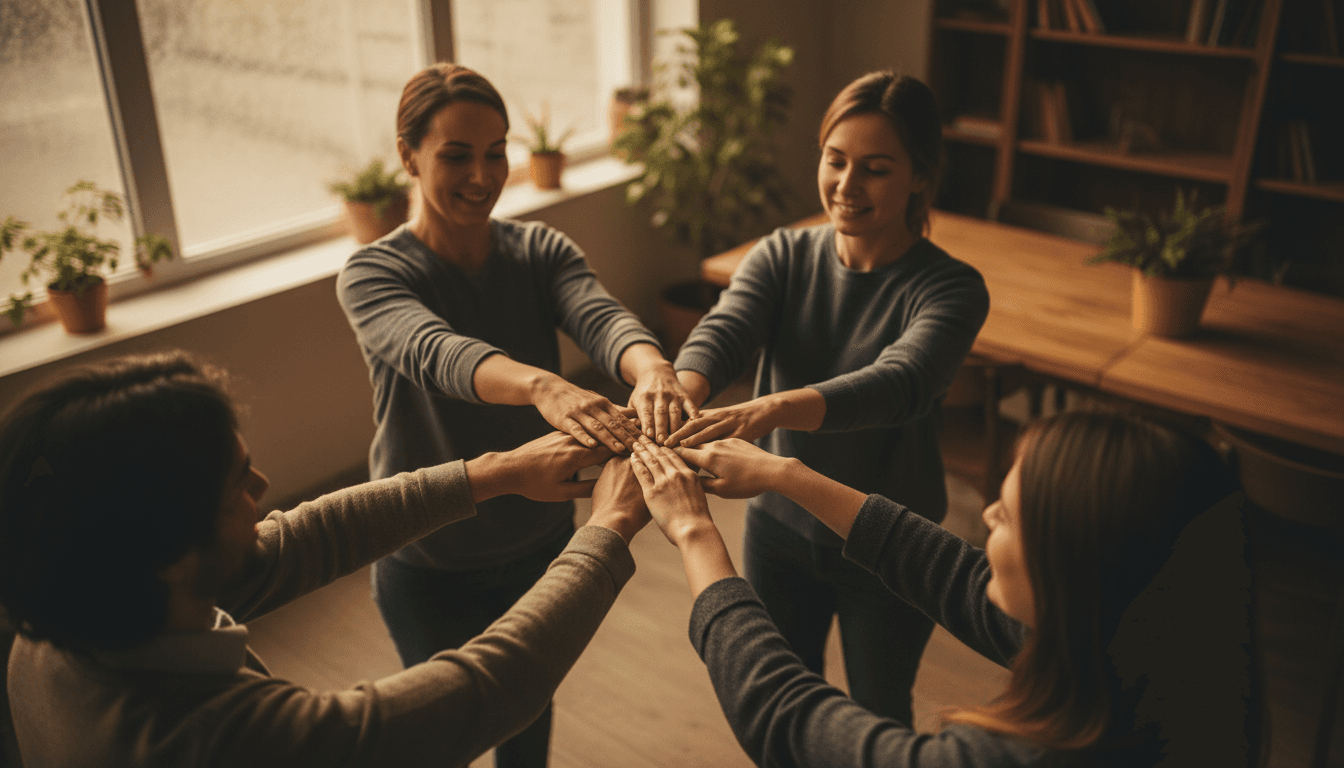 Diverse group of hands joined together in a circle during a mentorship moment at Leon's Legacy