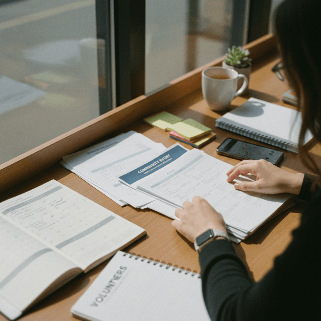 Administrative volunteer organizing schedules and materials