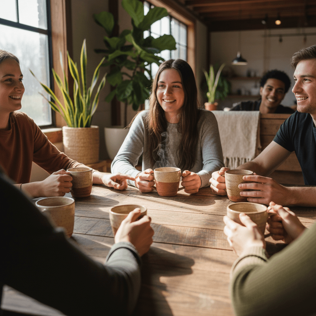 Young person and mentor engaged in a genuine mentorship moment in a community space