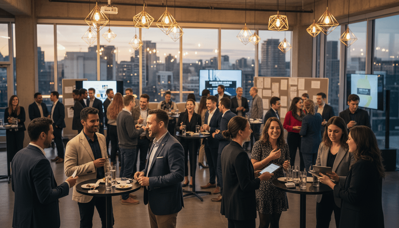 Diverse performers and casting directors networking at professional entertainment industry event in modern venue