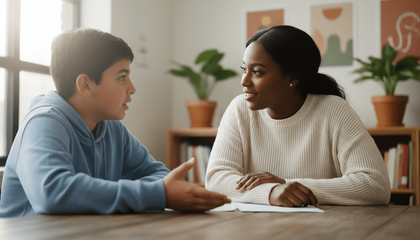 Adult mentor listening attentively to middle-grade student sharing ideas at wooden table in bright learning space