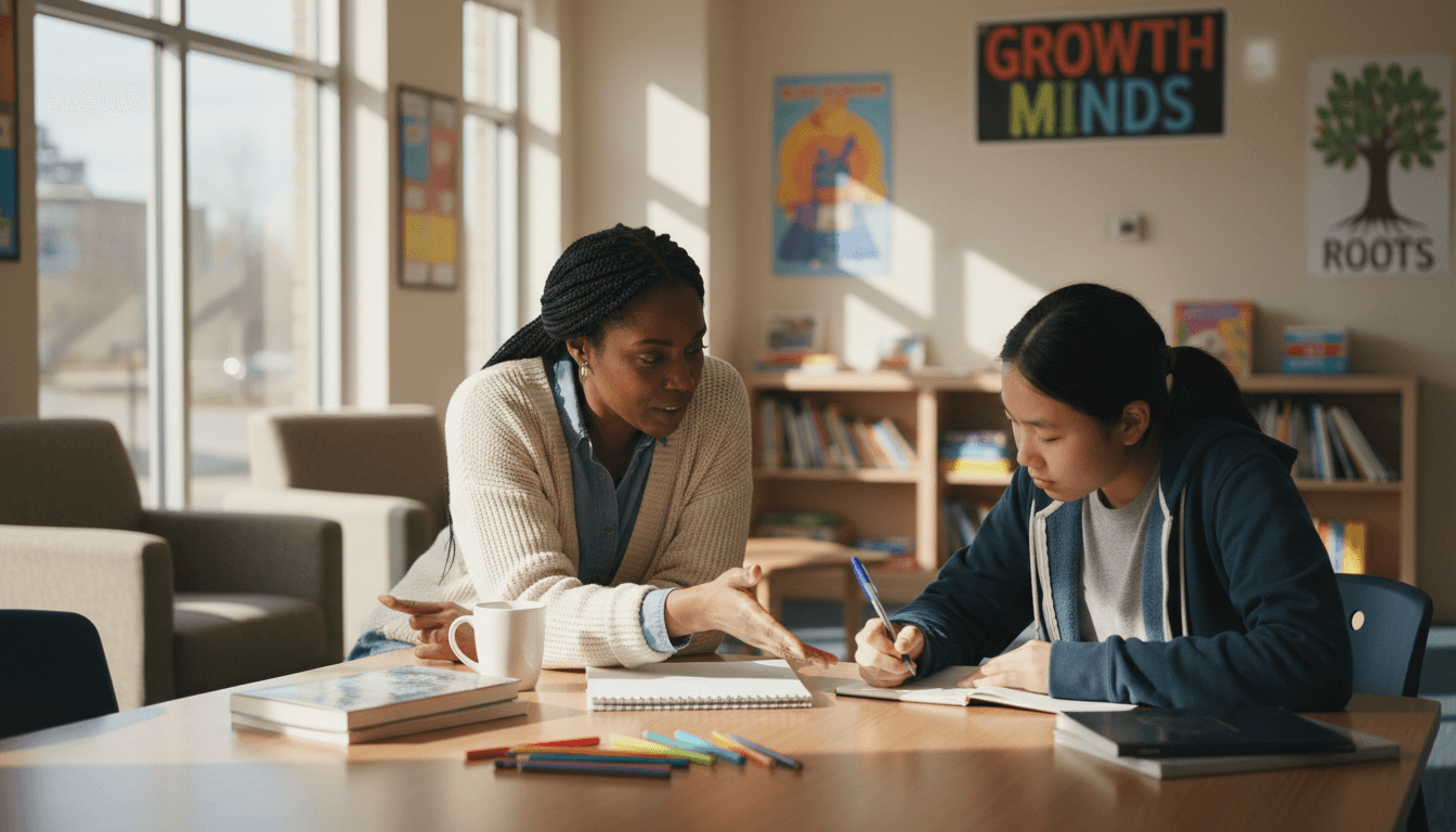 Mentor working with youth in Leon's Legacy program classroom