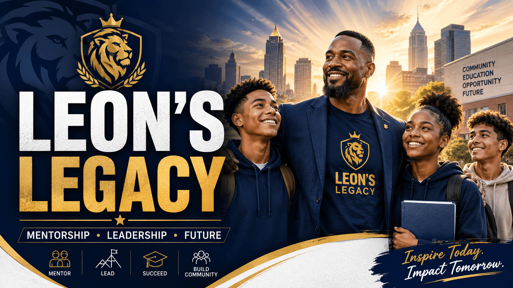 Leon's Legacy poster featuring a smiling mentor and students against a city sunset backdrop.