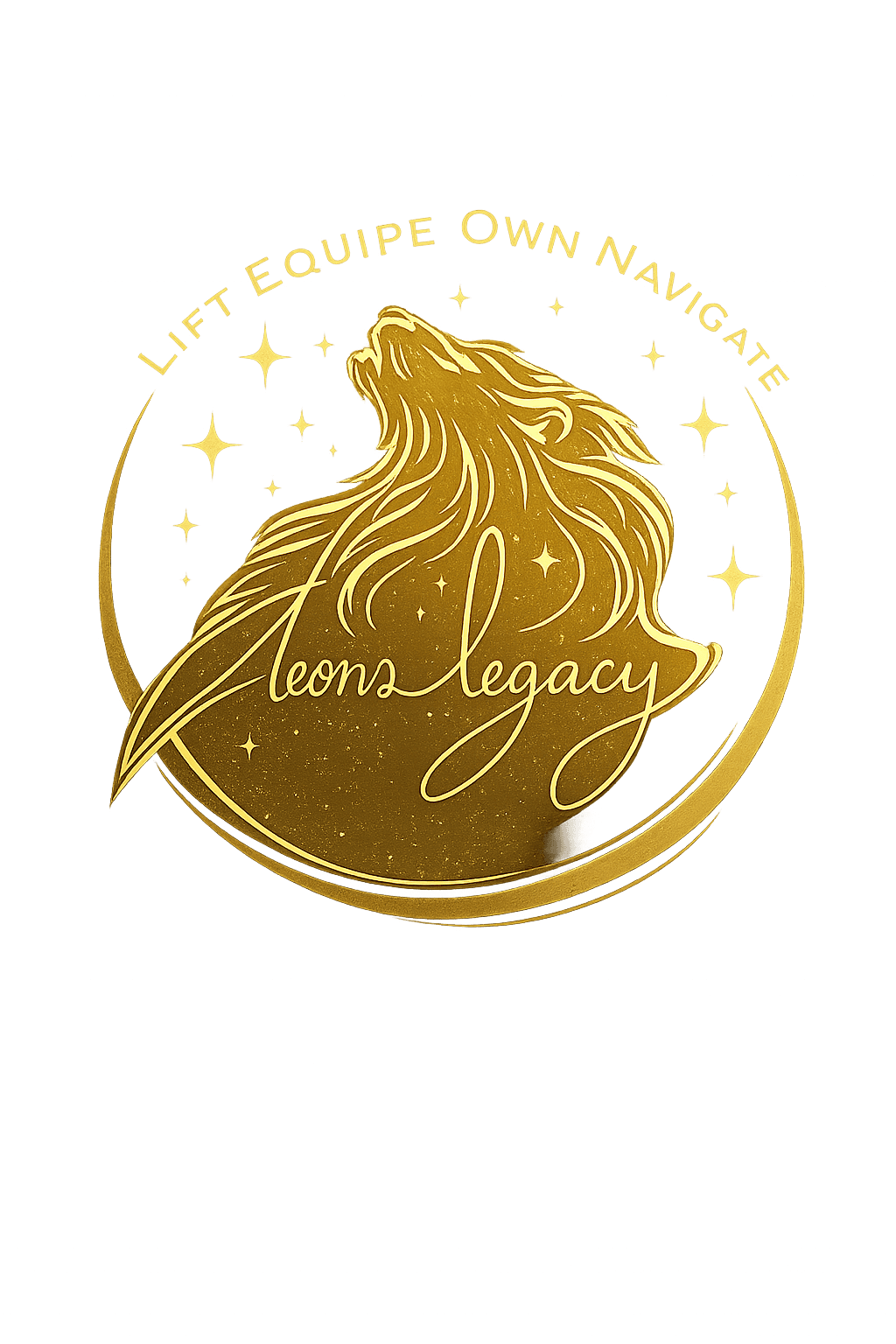 Golden lion head looking up with "Aeons legacy" script, stars, and circular motivational text.