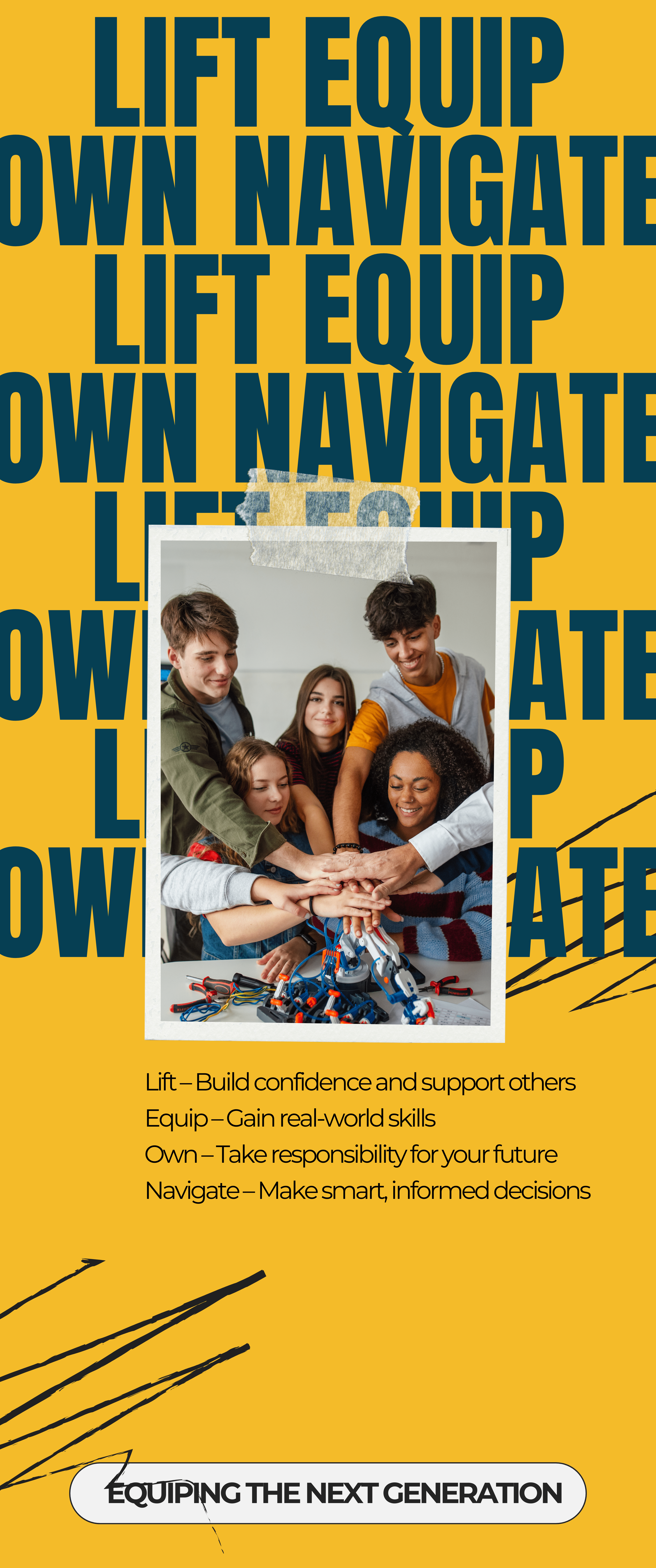 Diverse young students huddling over robotics on a yellow poster about equipping the next generation.